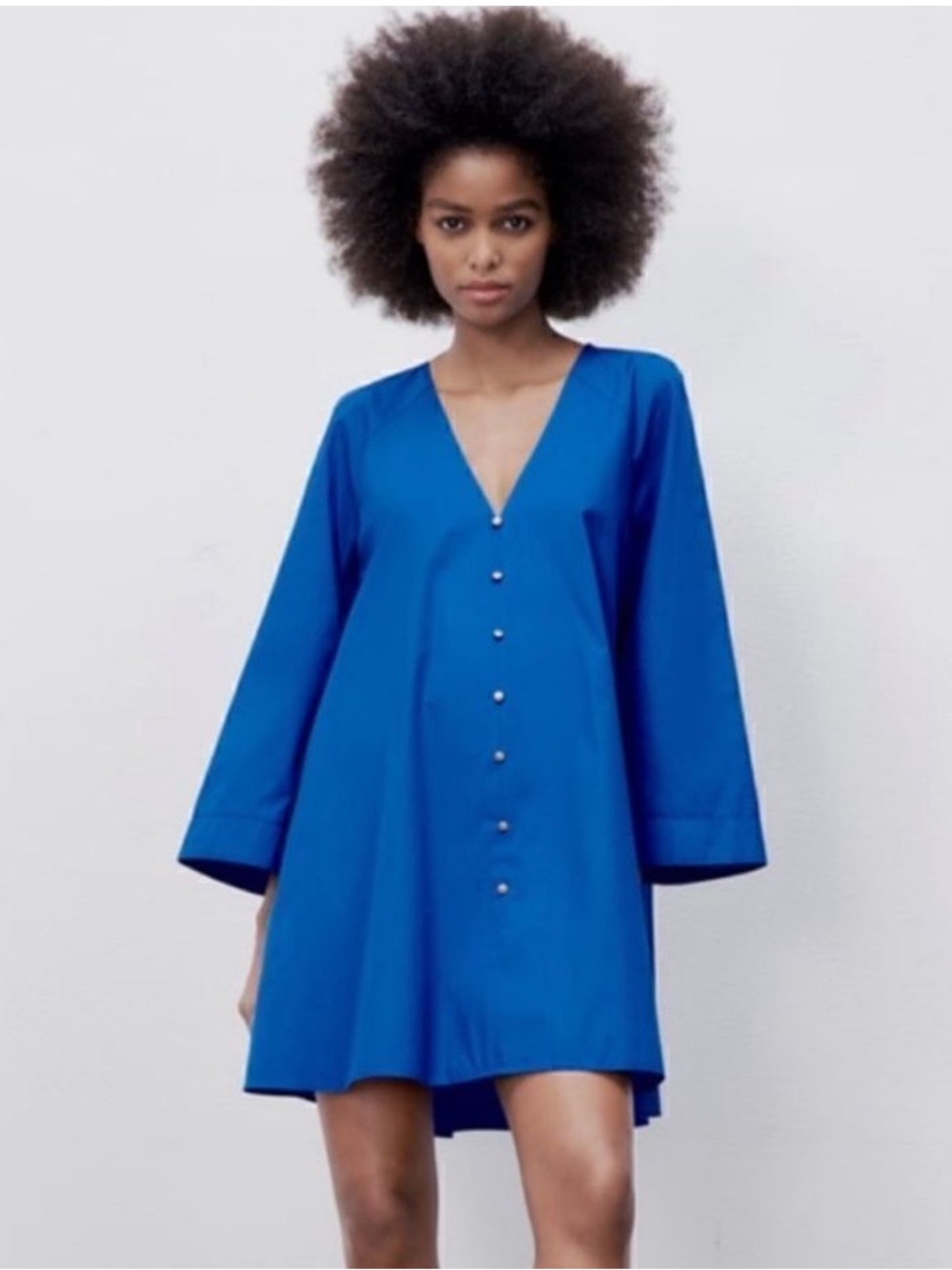 Excellent//Zara Bright Blue V-Neck Button Mini Dress